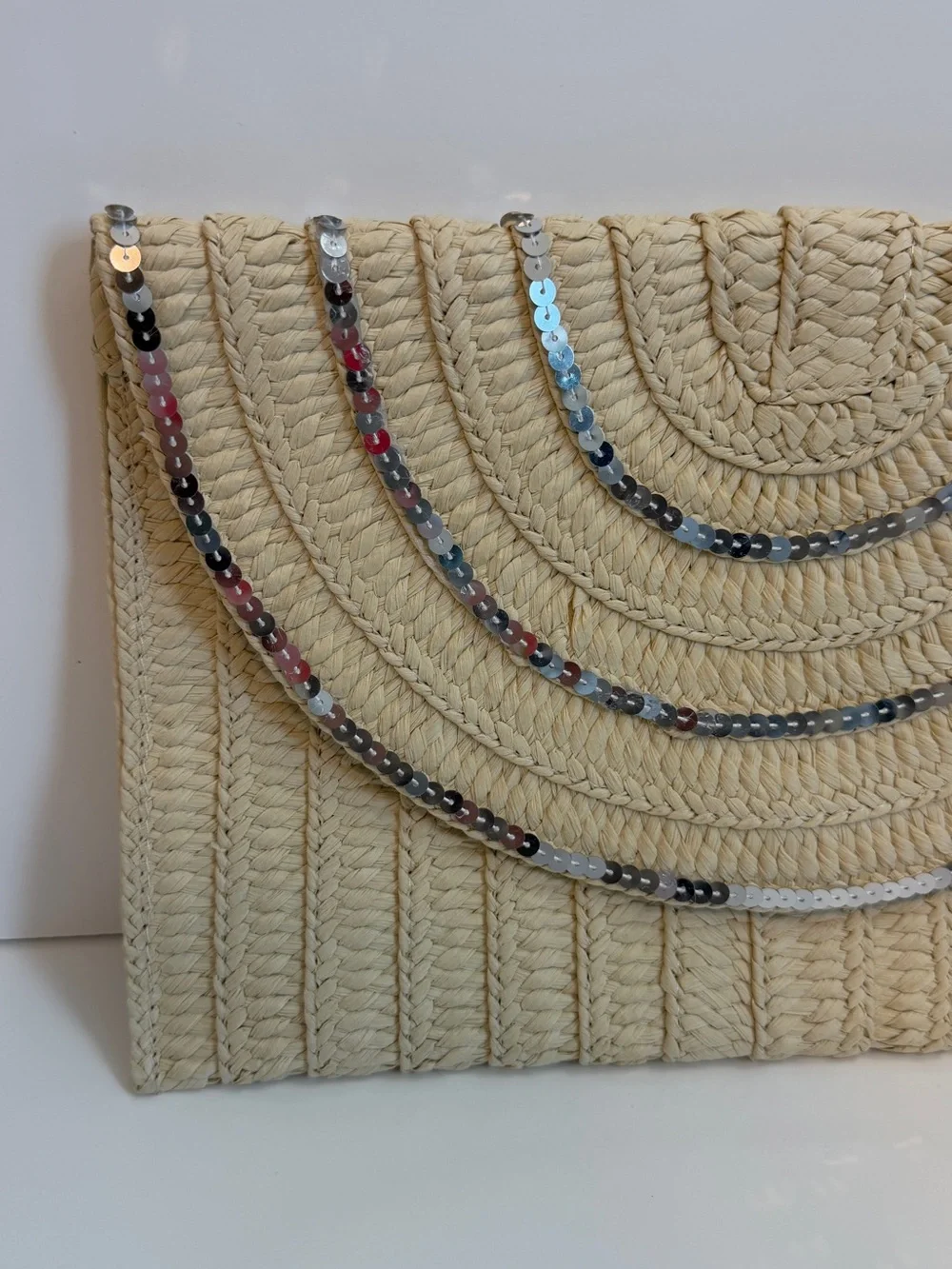 Lane Bryant Beige Straw Clutch with Silver Sequin Accents